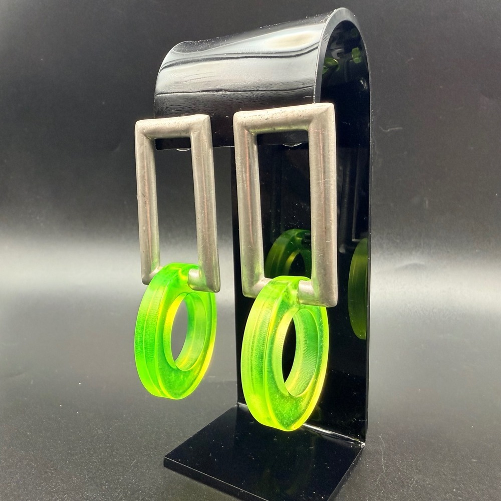 Vintage Large Ben Amun Earrings Modernist Door Knocker Neon Green Geometric 80s
